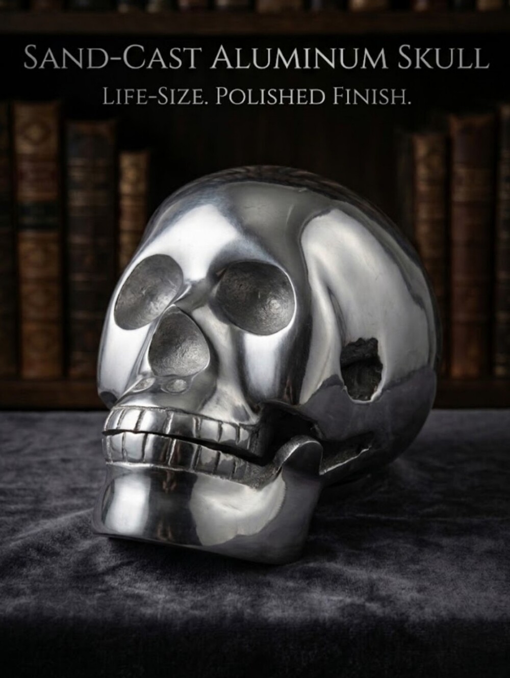 Heavy Sand-Cast Aluminum Silver Skull Sculpture Life-Sized